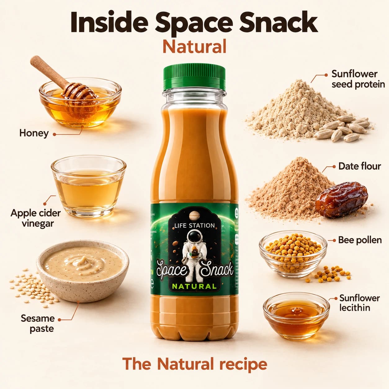 Space Snack — Natural. Ingredients: natural honey, natural apple cider vinegar, sesame paste, sunflower seed protein, date flour, bee pollen, sunflower lecithin.