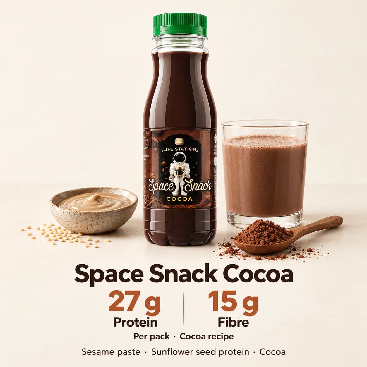 Space Snack — Cocoa. 100% natural high-protein nutritional drink with sesame paste, sunflower seed protein and cocoa.. Ingredients: natural honey, natural apple cider vinegar, sesame paste, sunflower seed protein, date flour, bee pollen, natural cocoa blend, sunflower lecithin.