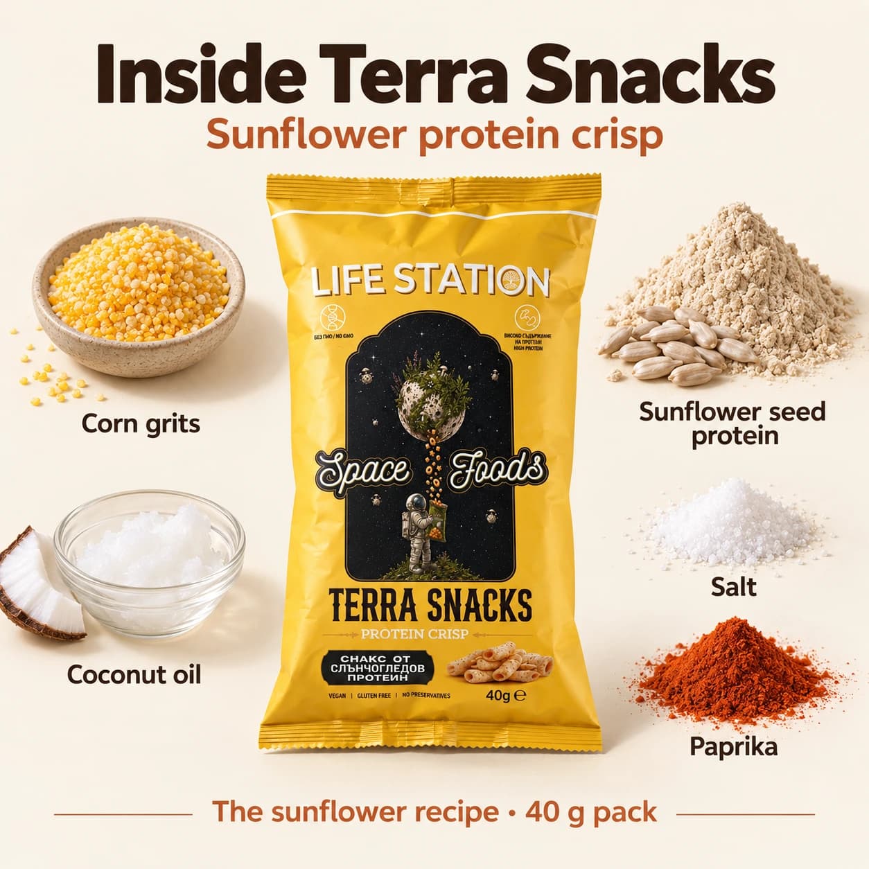 Terra Snacks — Слънчогледов протеин. Съставки: царевичен грис, протеин от слънчогледово семе, кокосово масло, сол, паприка на прах.