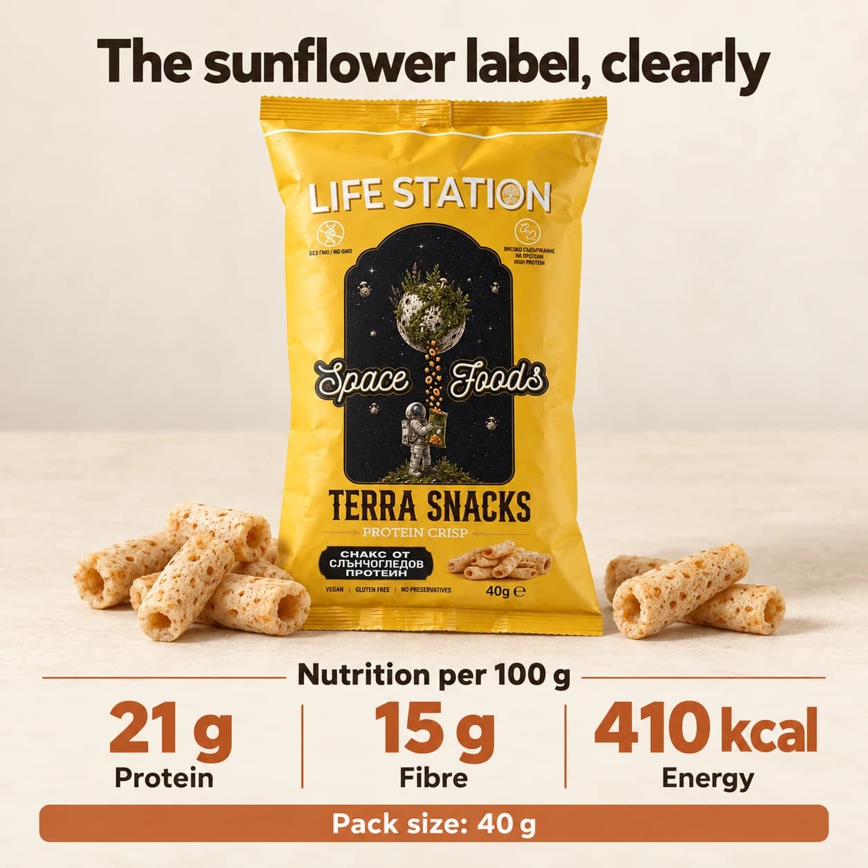 Terra Snacks — Слънчогледов протеин. Хранителна декларация за 100 g: енергийна стойност 1714 kJ / 410 kcal, мазнини 10 g (от които наситени мастни киселини 4 g), въглехидрати 64 g (от които захари 1 g), белтъци 21 g, фибри 15 g, сол 1 g.